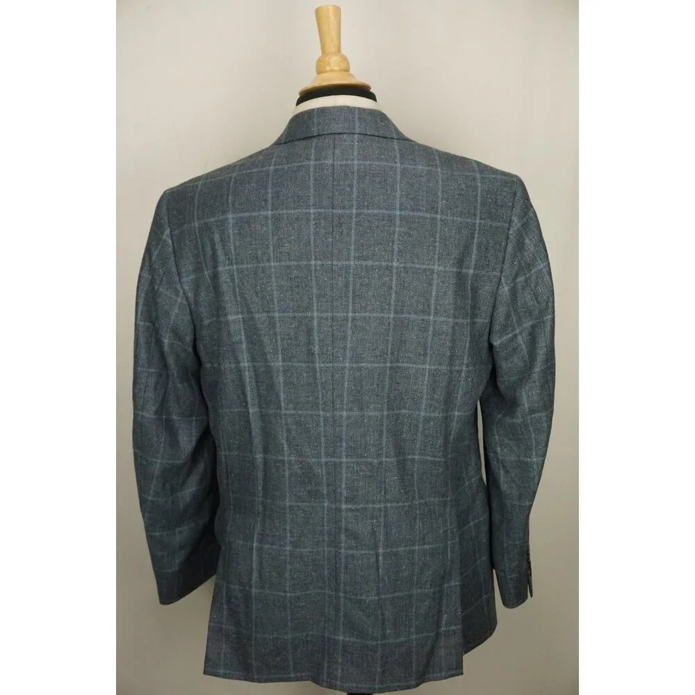 Jos A Bank Signature Collection Tailored Silk Linen Blue Plaid Sport Coat 42